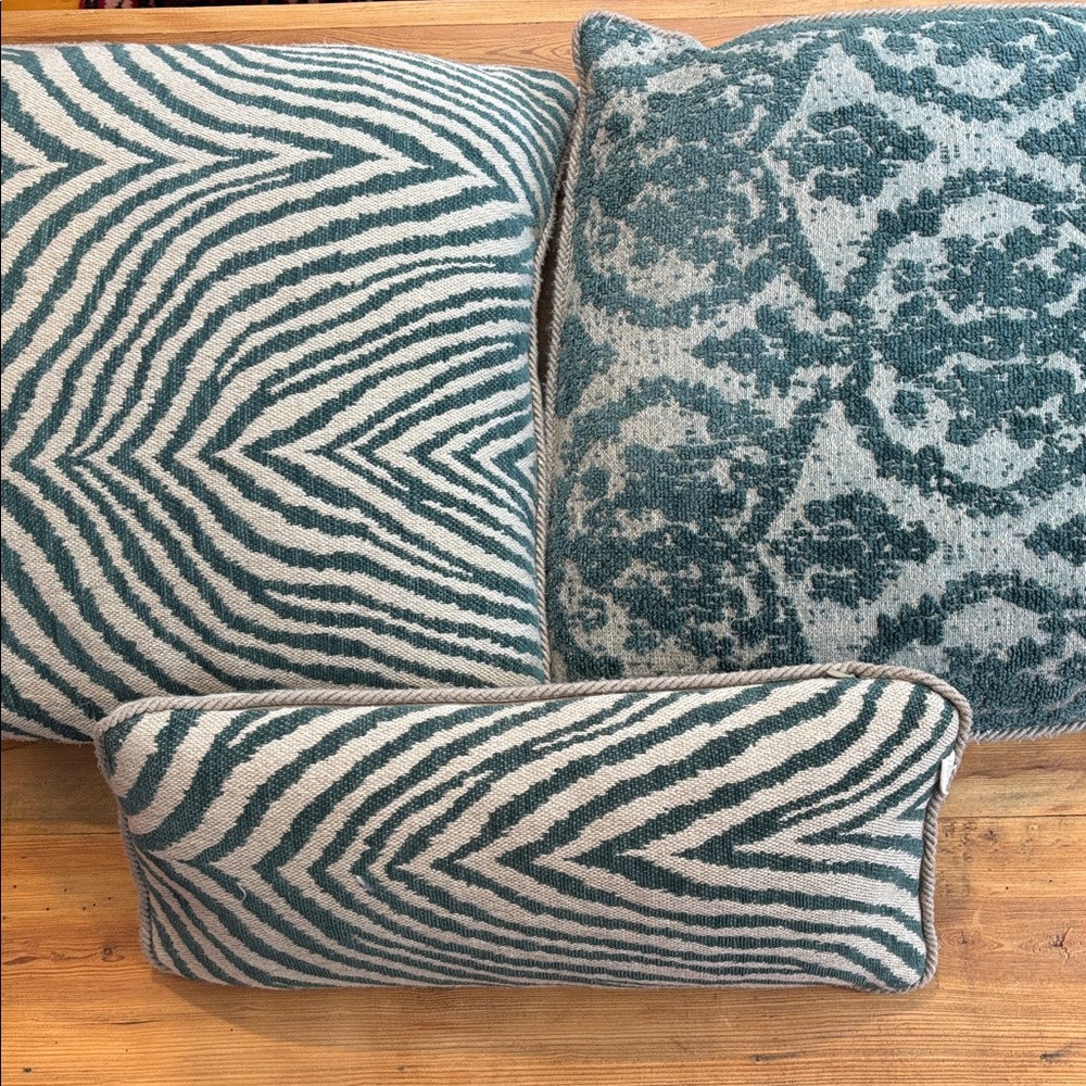 Set/3 ARHAUS Square & Mini Linen Throw Pillows Zebra Stripe Brocade Blue